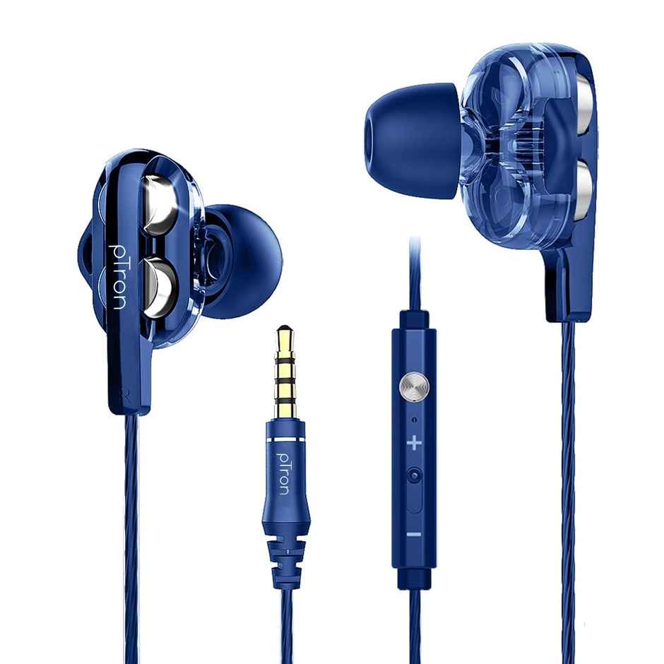pTron Boom Ultima 4D Dual Driver, in Ear Gaming Wired Headphones with in-Line Mic, 3.5mm Audio Jack, Volume Control & Passive Noise Cancelling Boom 3 Earphones - Dark Blue