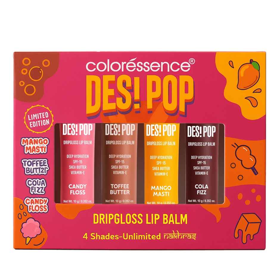Coloressence Desi Pop Drip Gloss Lip Balm | 4 Shades | Vitamin E, Shea Butter, Coconut Oil & SPF 15