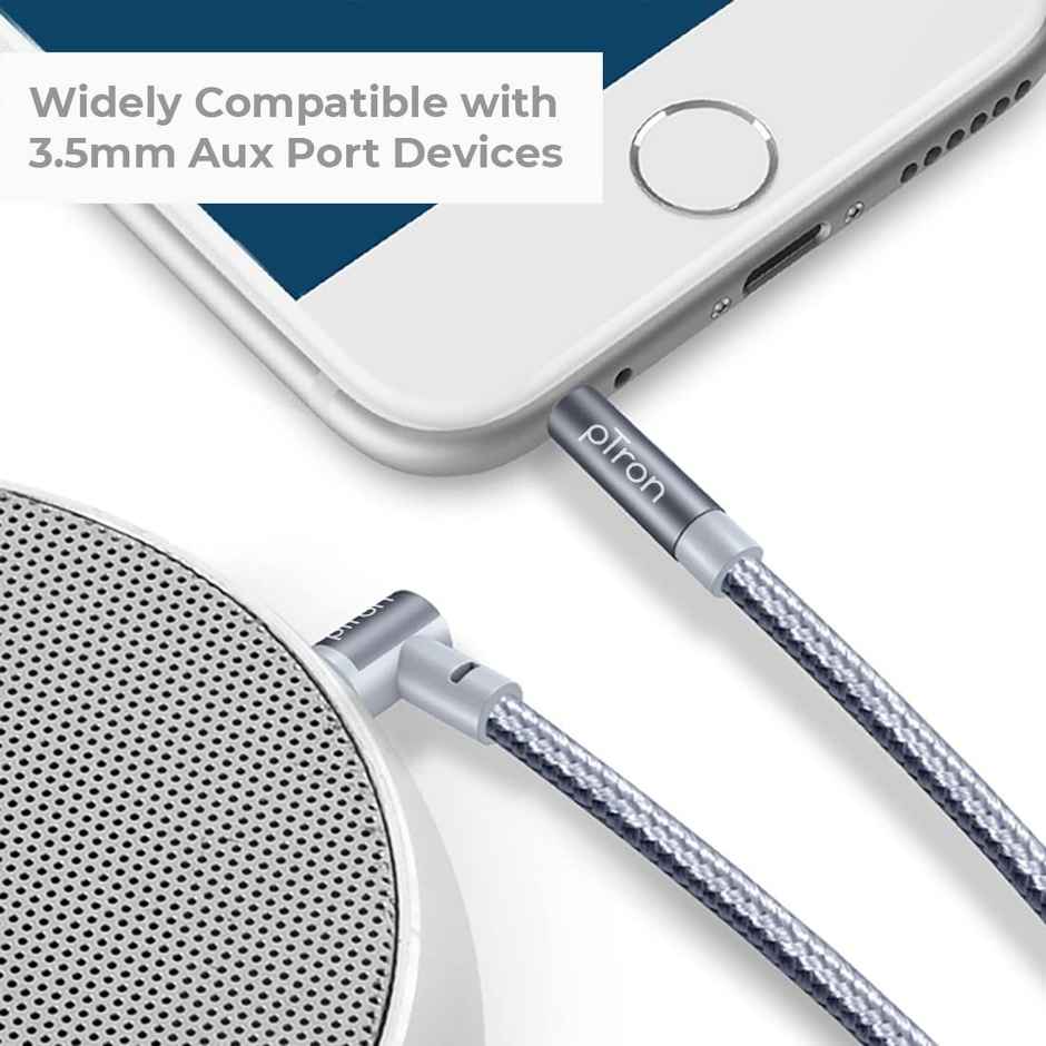 pTron 3.5mm Male to Male Stereo Aux Cable, Compatible with Smartphones/Tablets, 90 Degree Gold-Plated Connectors, Solero A15 Tangle-Free Metal Shell Audio Cable (Nylon Braided, 1.5M) - Grey