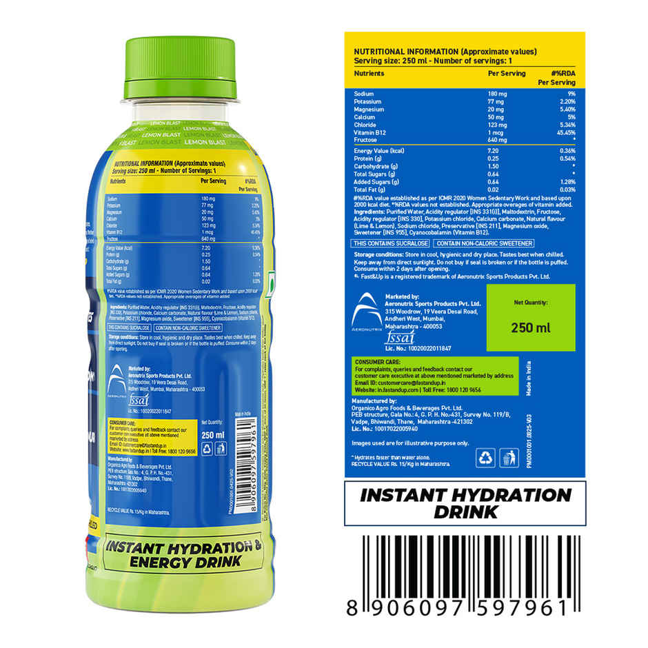 Fast&Up Reload Lemon Low Sugar Energy Drink l Instant Electrolytes | Healthy & Refreshing Drink
