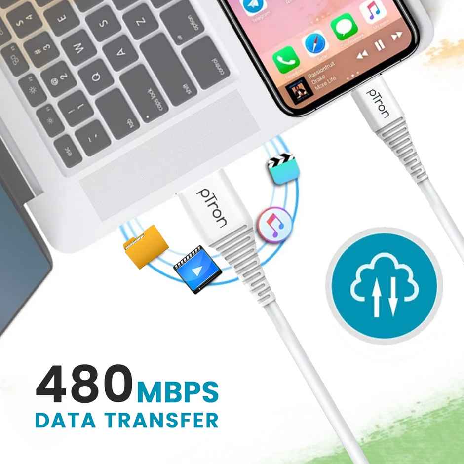 pTron USB-A to Micro USB 2.4A Fast Charging Cable Compatible with Android Phones/Tablets, 480mbps Data Transfer Speed, Made in India, Solero M241 Tangle-Free USB Cable (Round, 1M) - White