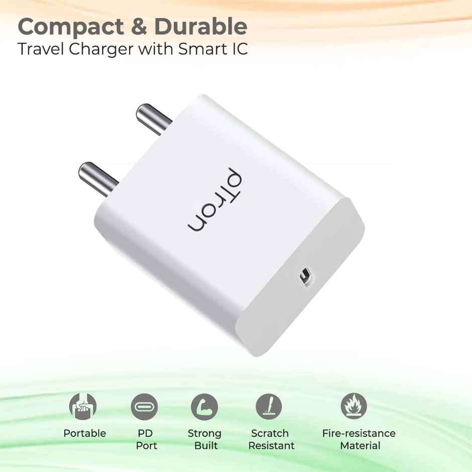 pTron Volta FC14 20W Type-C/PD Fast Charger, Compatible With iPhone & Android Smartphones - White