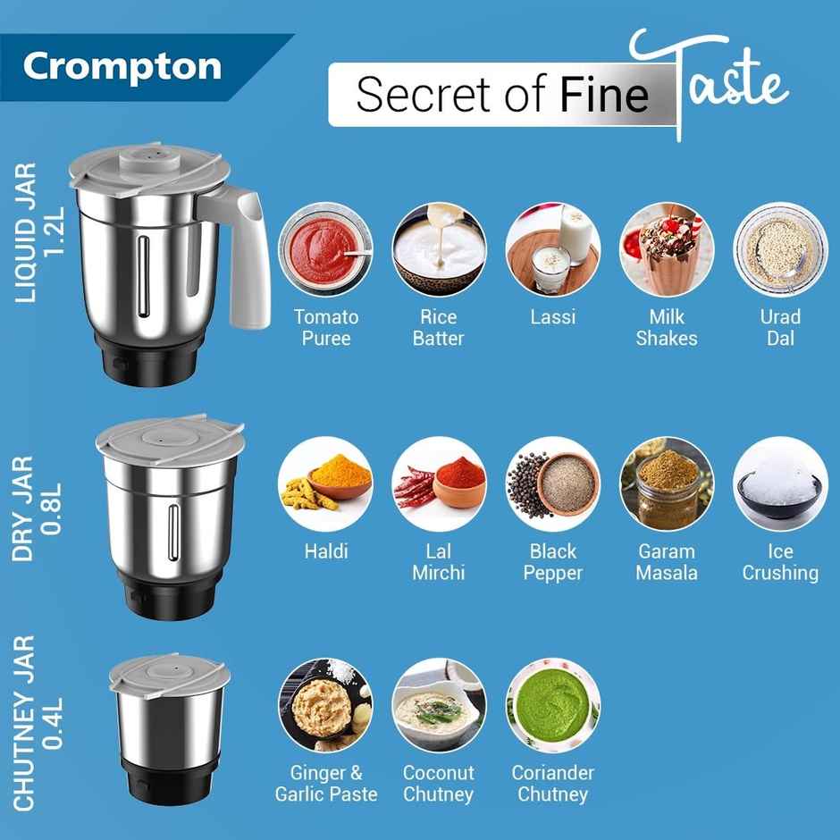 Crompton Ds 500W Mixer Grinder with Powertron Motor & Motor Vent-X Technology (3 Stainless Steel Jars, Sky Blue)