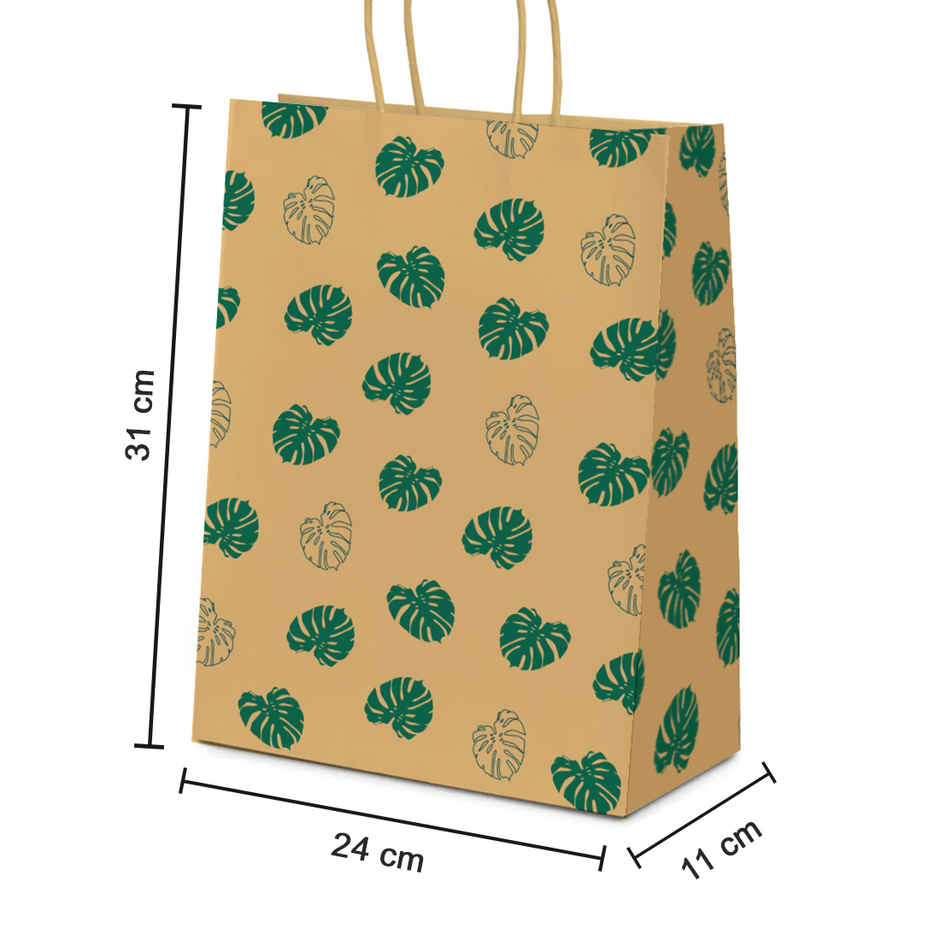 PaperPep Leaves Print | 100GSM | Kraft Gift Paper Bags | Green - 24 x 11 x 31 cm