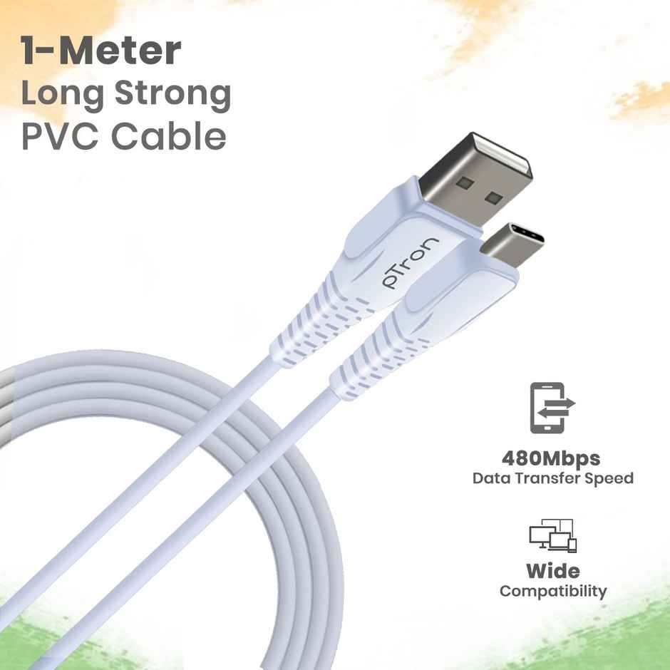 pTron USB-A to Type-C 2.4A Fast Charging Cable compatible with Android Phones/Tablets, 480mbps Data Transfer Speed, Made in India, Solero T241 Tangle-free Type-C USB Cable (Round, 1M) - White