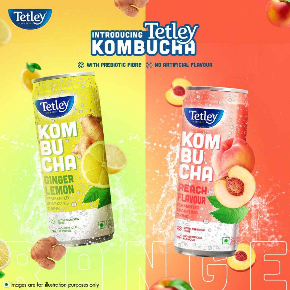 Tetley Peach Fermented Sparkling Drink with Prebiotic Fiber Kombucha Combo