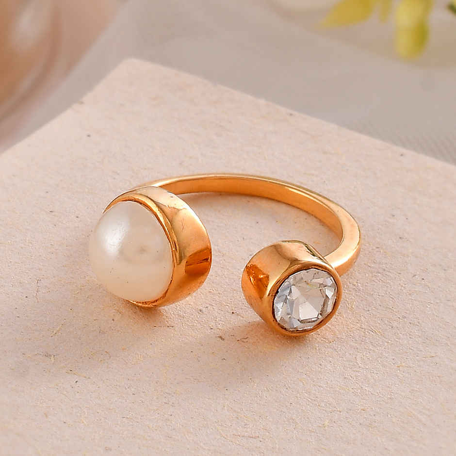 Voylla Mother's Day Open Half Pearl Cz Studded Ring