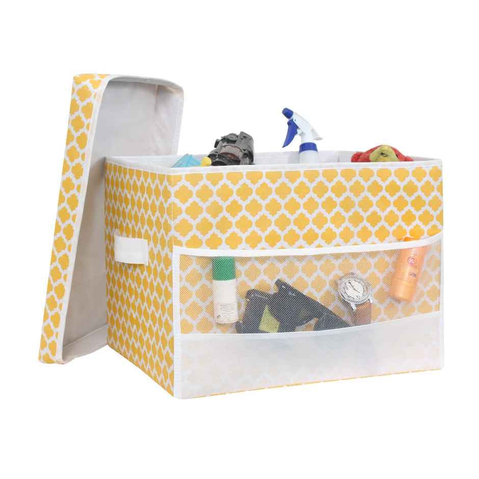 PrettyKrafts Yellow Cube Storage Box with Net Pockets - Foldable Organizer for Toys & Clothes
