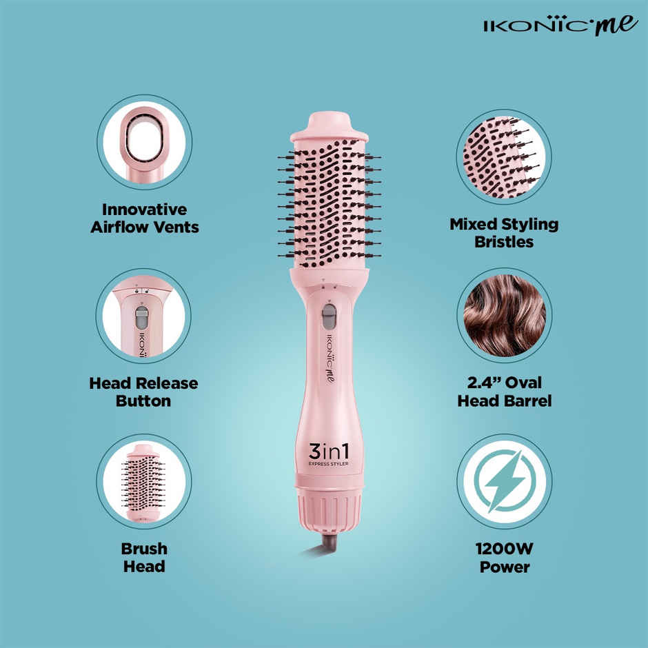 Ikonic 3 in 1 Express Styler Pink, Professional Volumizer, Blow Dryer, 1200W Hot Air Brush