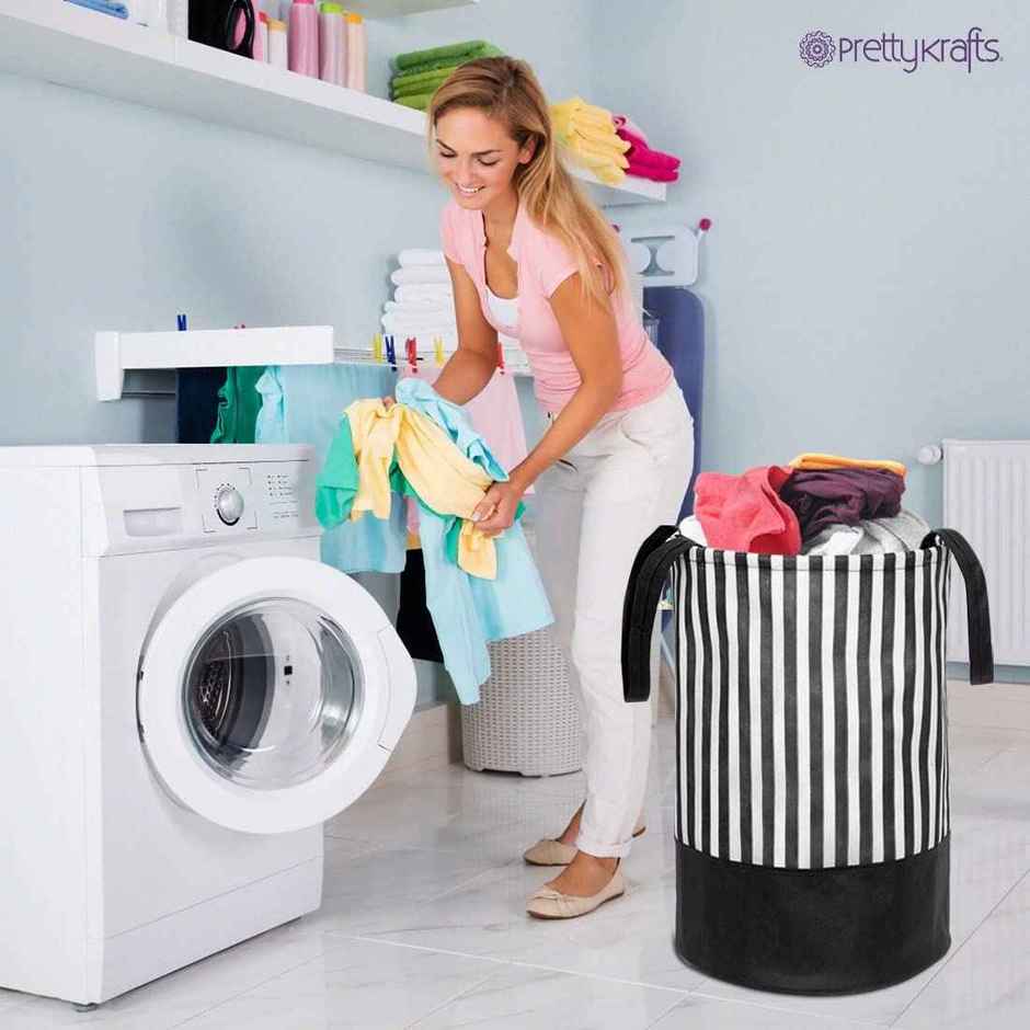 Prettykrafts 45 Ltr Folding Laundry Basket For Clothes, Freestanding Laundry Hamper,Set Of 1, Black