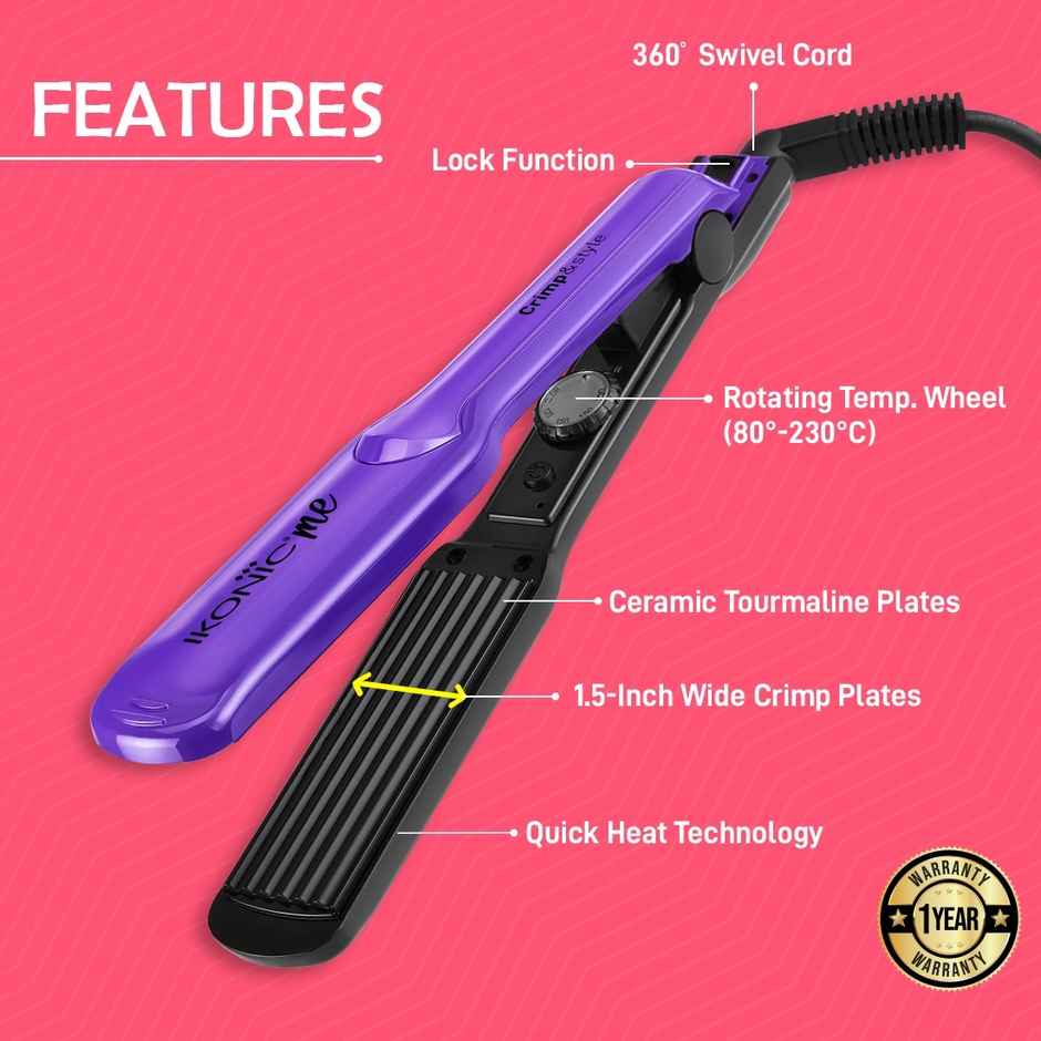 Ikonic Crimp & Style Hair Crimper, Wide Ceramic Plate, Multiple Temprature Setting, Black & Purple