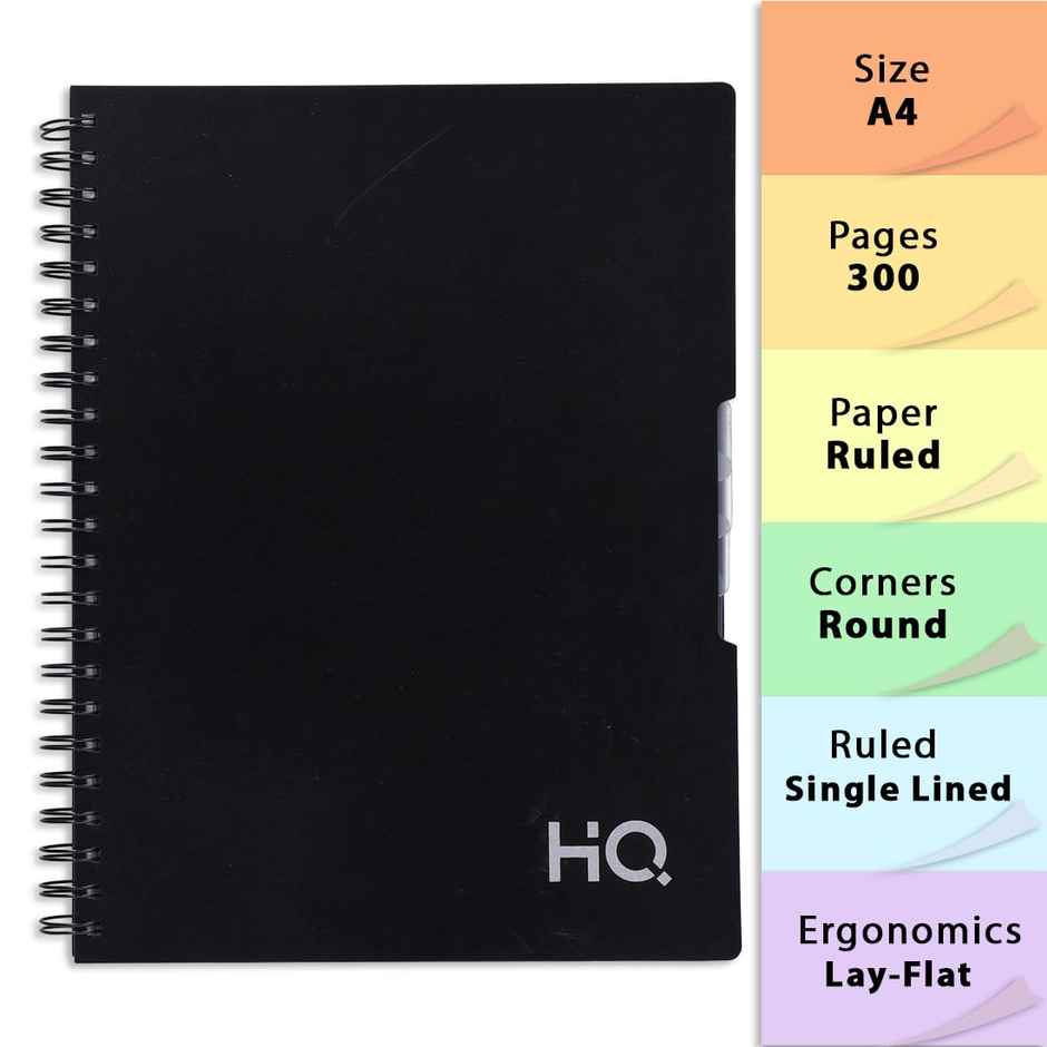 Navneet HQ | Five Subject Book Black | Wiro Bound | Single Line - 29.7 cm x 21 cm | 300 Pages