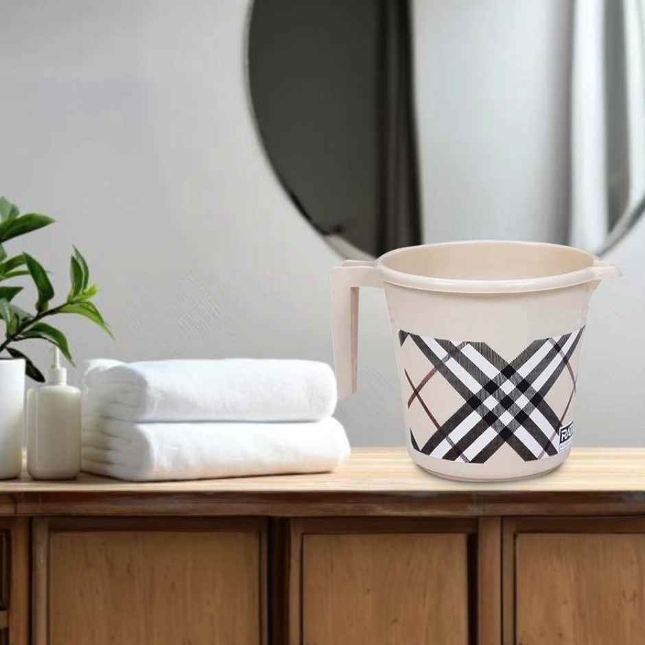 Ratan Plasticware Frosty Checks Print Bath Mug | 1.5 L | Beige | Pack Of 1