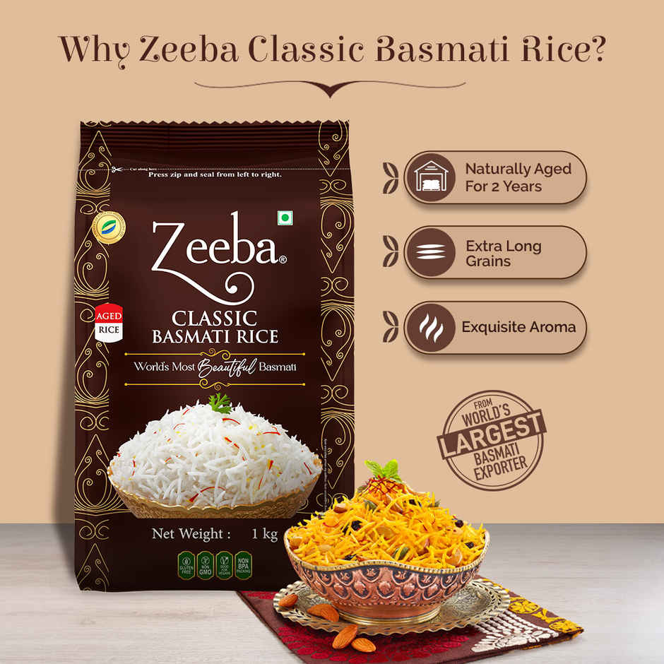 Zeeba Classic Basmati Rice|Raw & Naturally Aged 2 years|Extra Long Grains|Cooked length upto 27mm