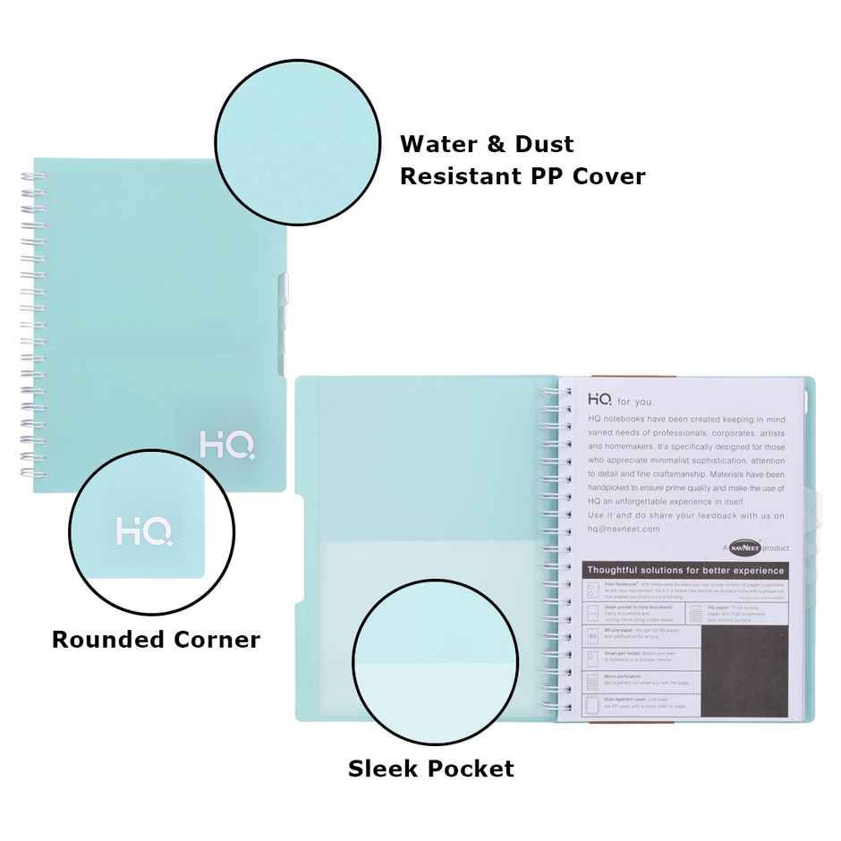 Navneet HQ | Wiro Bound |Five Subject Book |14.8x21 cm |Single Line |300 Pages |Mint Green