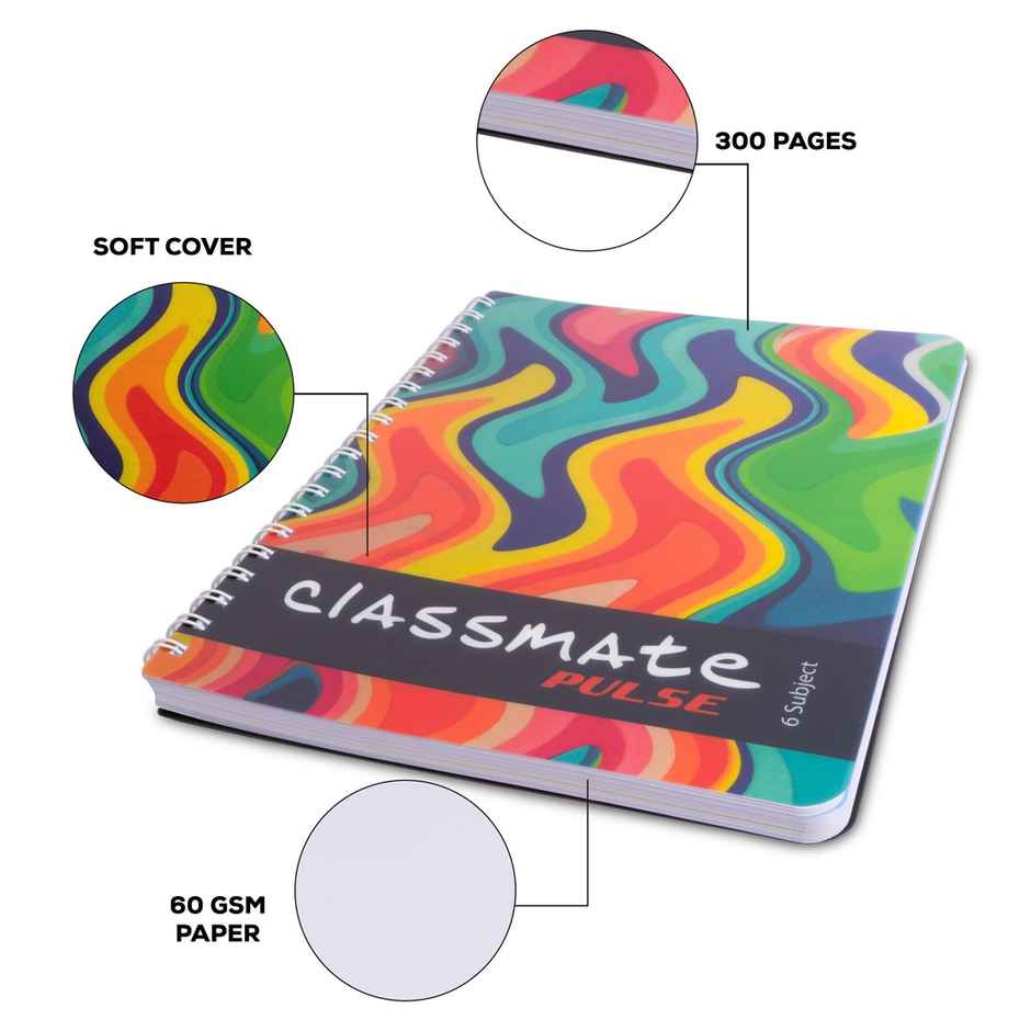 Classmate Notebook Pulse| Assorted 6 Sub- 203Mm x 267Mm, Soft Cover, 300 Pages, Unruled-Spiral - 2100118