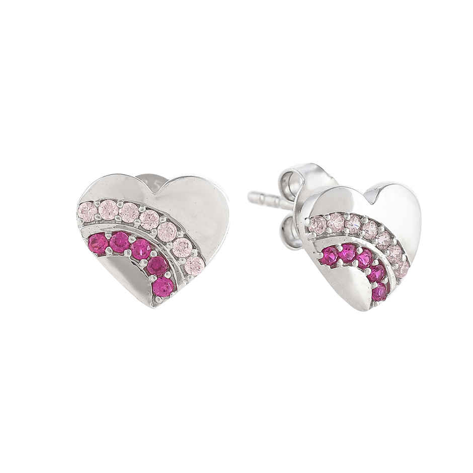 Voylla Collection Pink And Silver Cz Heart Stud Earrings