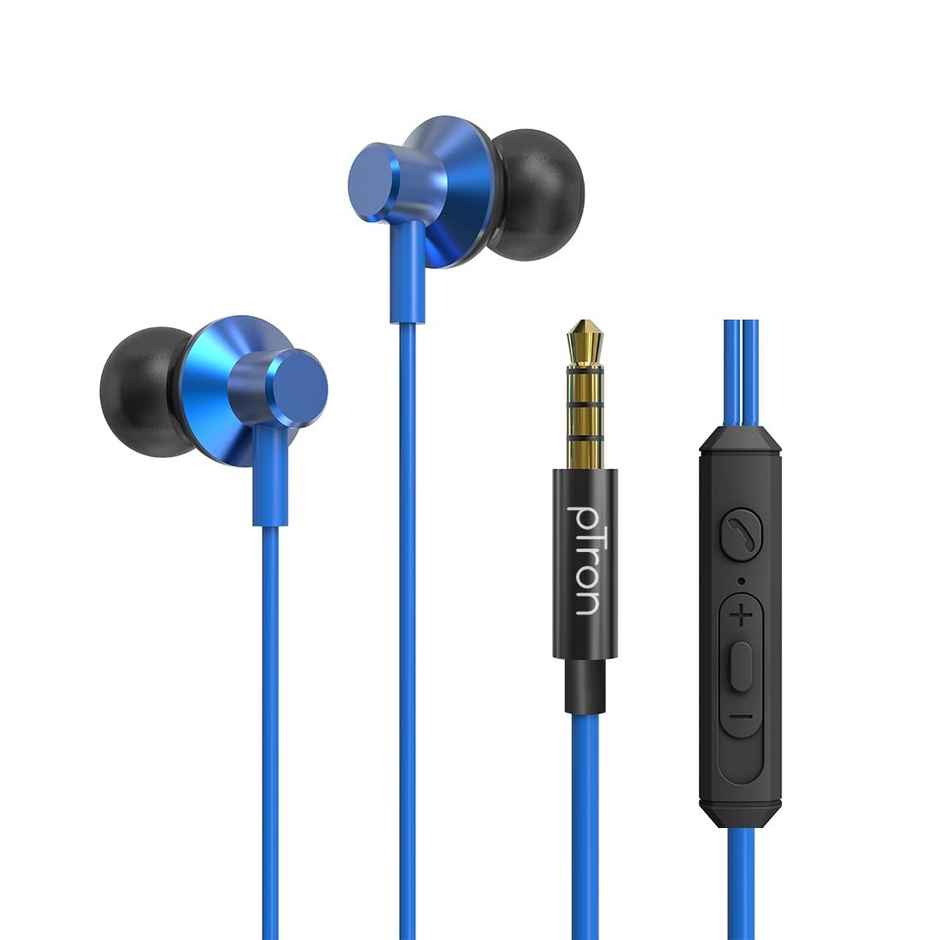 pTron Pride Lite 3.5mm Wired Earphones With Mic Stereo Audio 1.2m Tangle-Free Cable - Blue