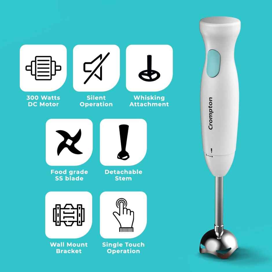 Crompton Blendserve Hand Blender With Steel Stem 300 Watts Power Detachable Stem Silent Operation