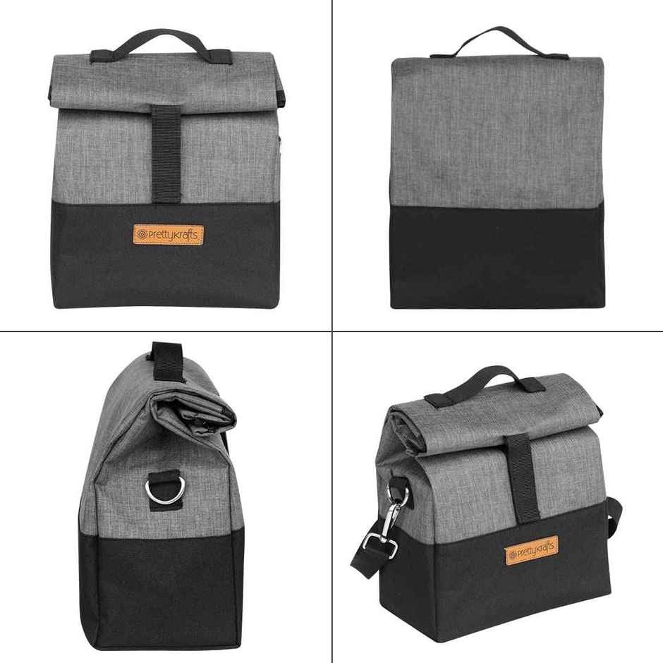 PrettyKrafts Lunch Bags Reusable Lunch Bag with Hook and Loop Closure Grey and Black