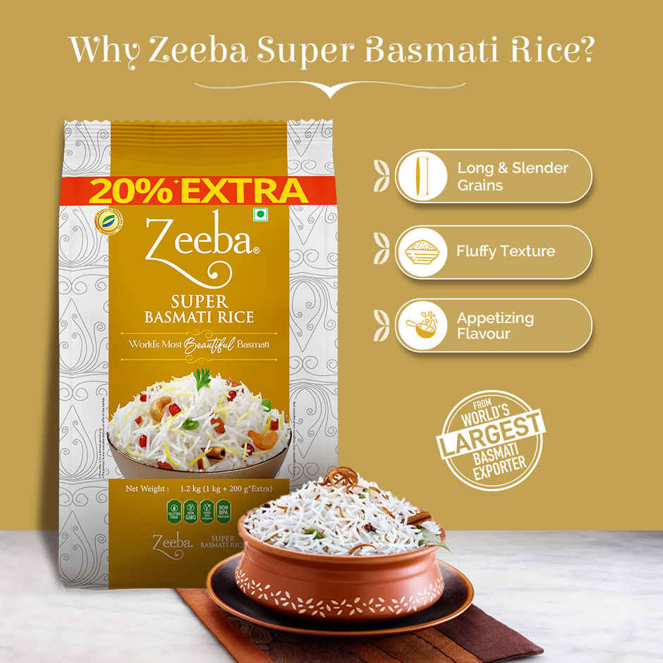 Zeeba Super Basmati Rice|Fluffy & Naturally Aromatic|Gluten Free Fine Grains|Cooked length upto 23mm