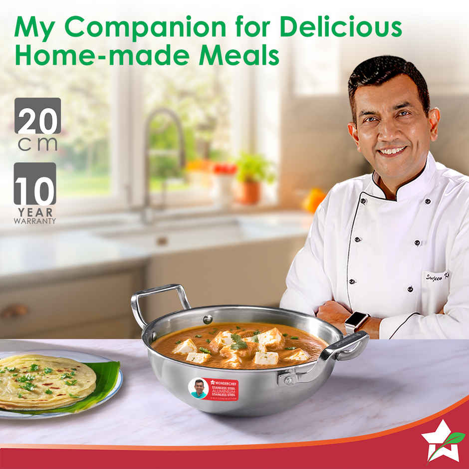 Wonderchef Stella Triply Stainless Steel Kadhai with Lid | 20 cm | 1.6 L