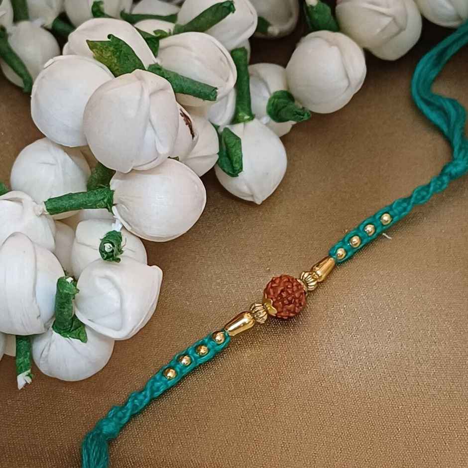 Rudraksh Blue Mauli Gold Moti Beaded Rakhi | Traditional and Beautiful | Gullak