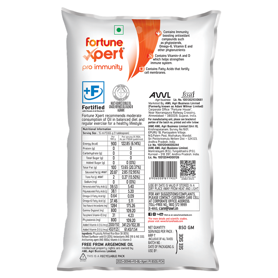 Fortune Xpert Pro Immunity Rice Bran & Sunflower Blended Oil | Rich in Oryzanol - 100+ Antioxidants