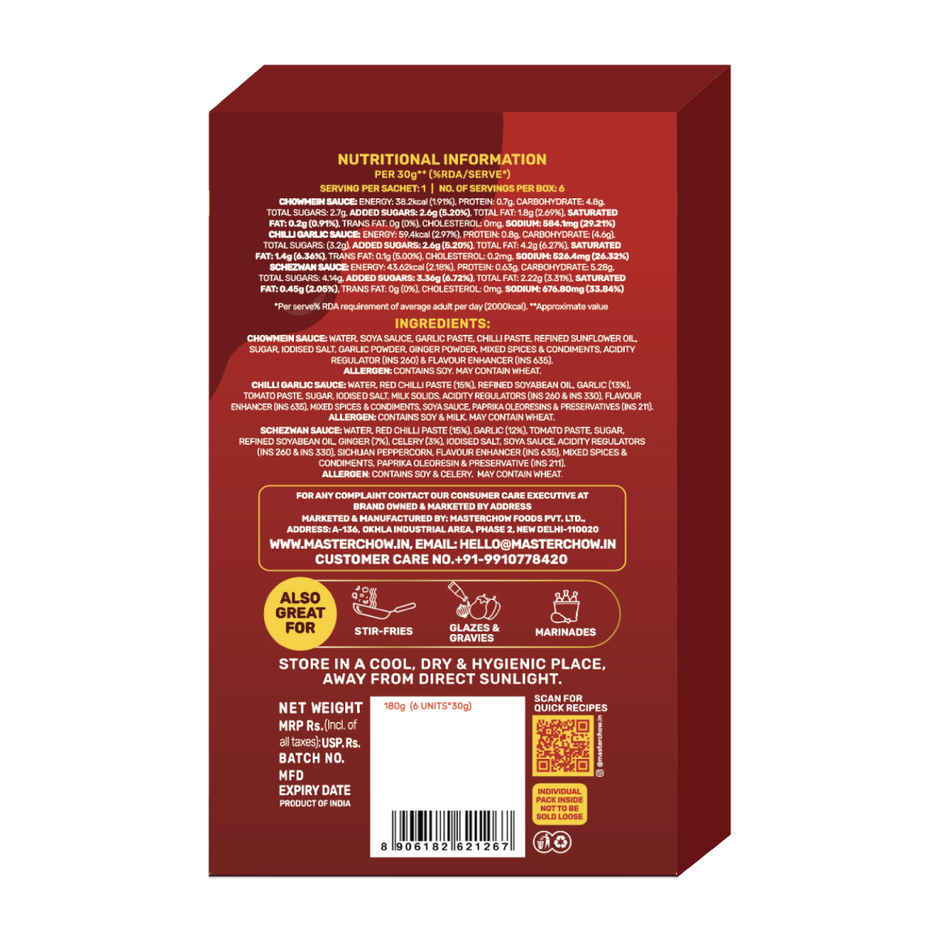 MasterChow Chinese Cooking Sauces Trio Pack | Chowmein | Chilli Garlic | Schezwan Chutney