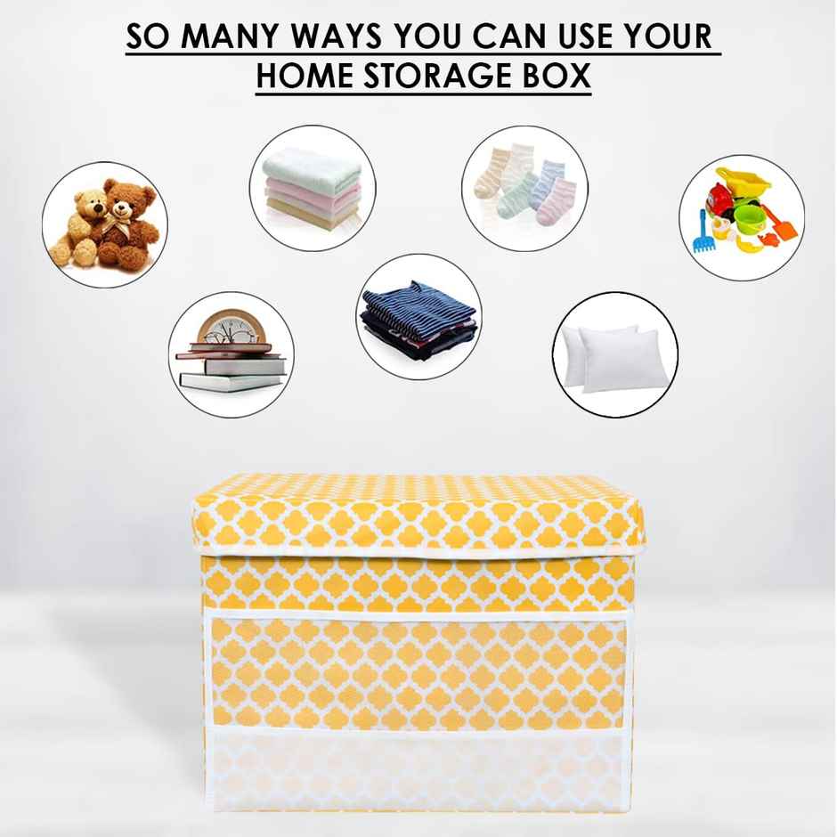 PrettyKrafts Yellow Cube Storage Box with Net Pockets - Foldable Organizer for Toys & Clothes