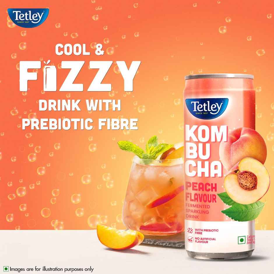 Tetley Peach Fermented Sparkling Drink with Prebiotic Fiber Kombucha Combo
