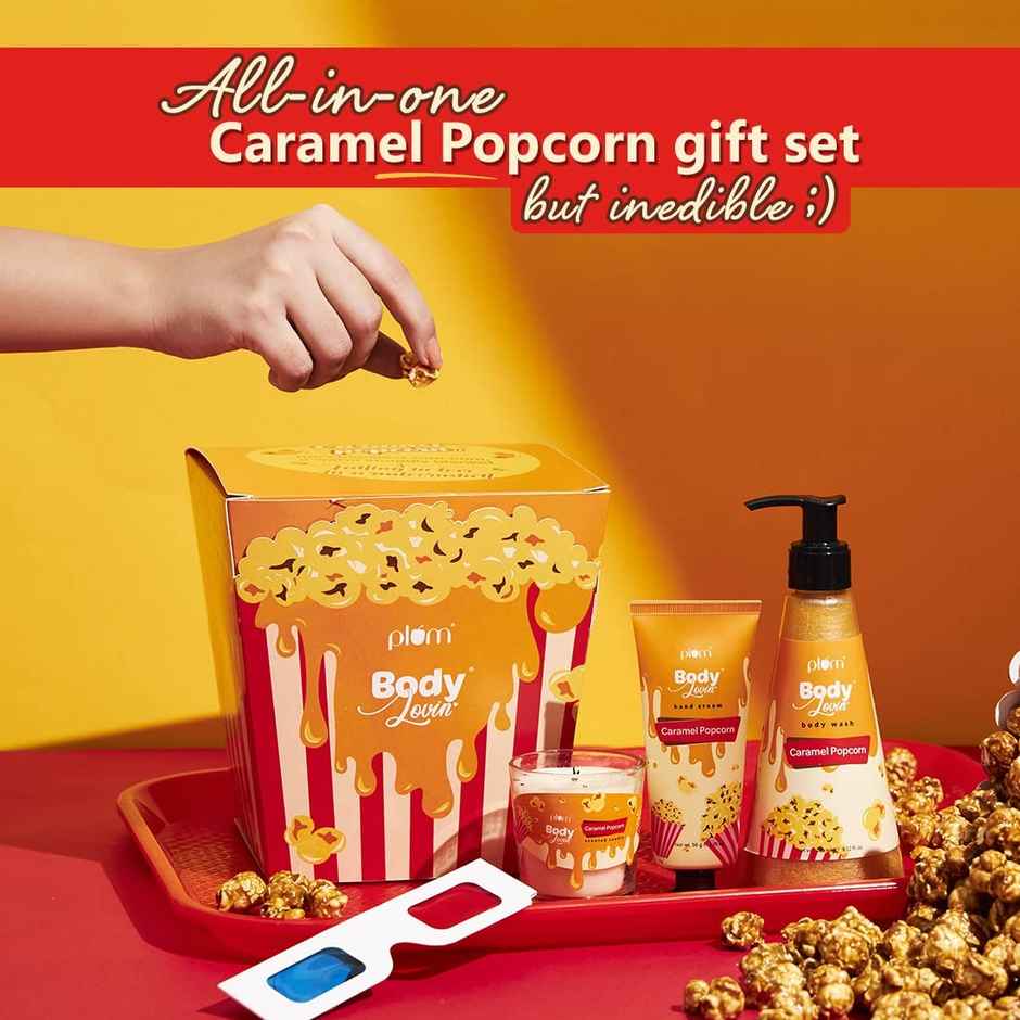 Plum Bodylovin Caramel Popcorn & Chill Gift Kit Body Wash Hand Cream Scented Candle Gift Set