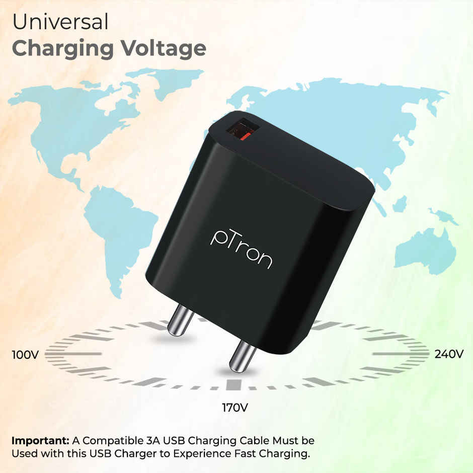 pTron Volta FC12 20W QC3.0 Compatible Smart USB Charger for All Android & iOS Devices - Black