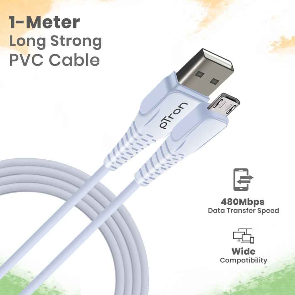 pTron USB-A to Micro USB 2.4A Fast Charging Cable Compatible with Android Phones/Tablets, 480mbps Data Transfer Speed, Made in India, Solero M241 Tangle-Free USB Cable (Round, 1M) - White