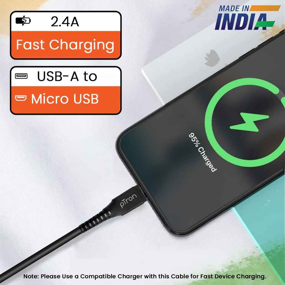 pTron USB-A to Micro USB 2.4A Fast Charging Cable Compatible with Android Phones/Tablets, 480mbps Data Transfer Speed, Made in India, Solero M241 Tangle-Free USB Cable(Round, 1M) - Black