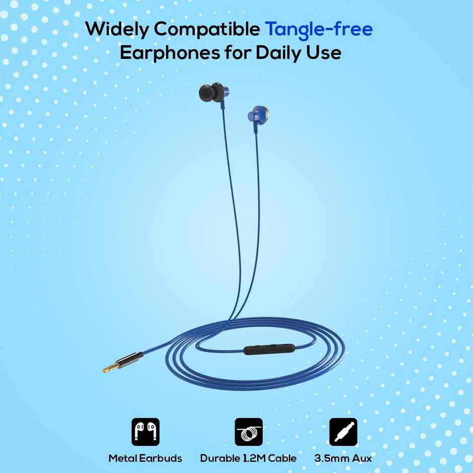 pTron Pride Lite 3.5mm Wired Earphones With Mic Stereo Audio 1.2m Tangle-Free Cable - Blue