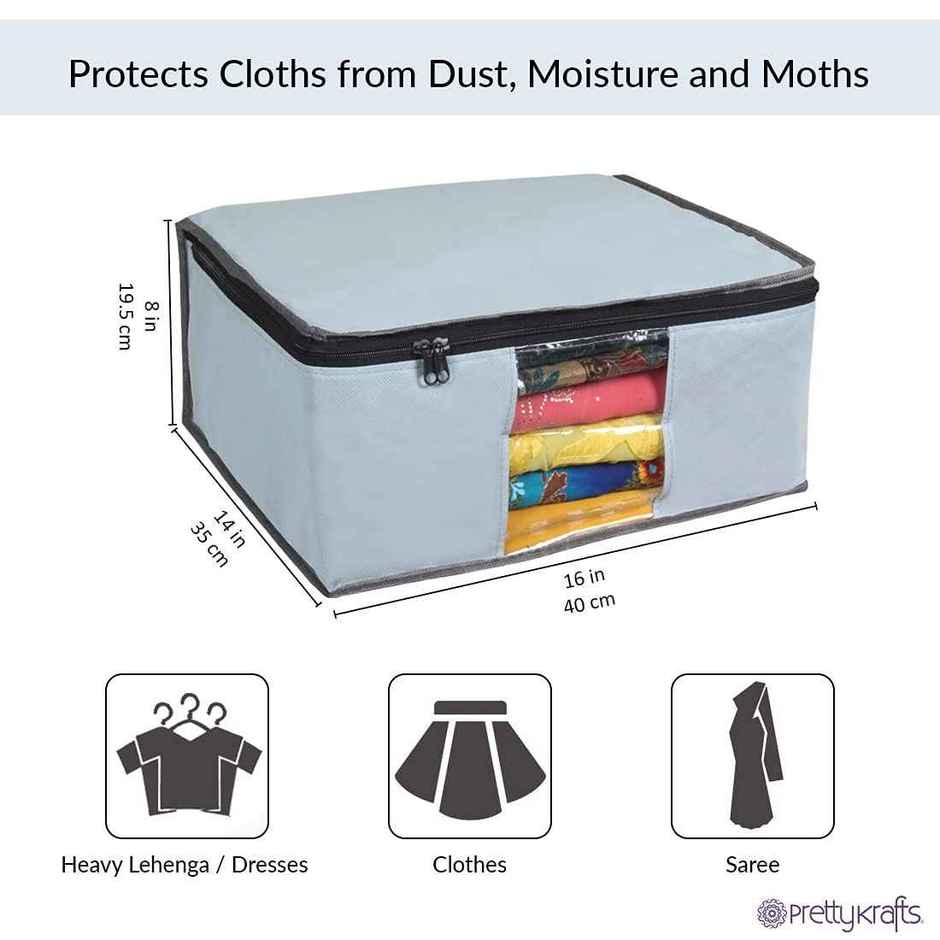 Prettykrafts Set Of 3 Non-Woven Foldable Saree Covers, Grey