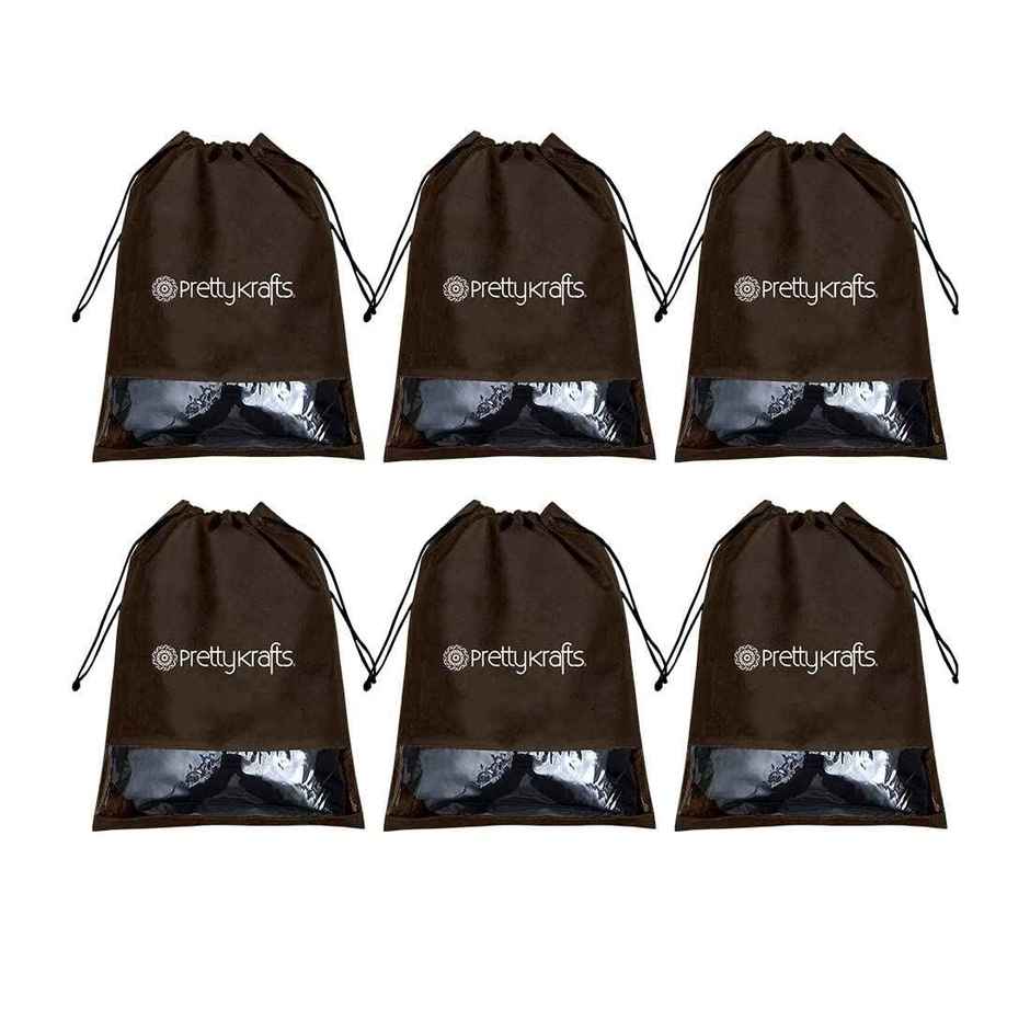 Prettykrafts 6 Piece Non Woven Travel Shoe Cover, String Bag Organizer, Brown