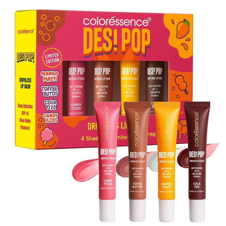 Coloressence Desi Pop Drip Gloss Lip Balm | 4 Shades | Vitamin E, Shea Butter, Coconut Oil & SPF 15