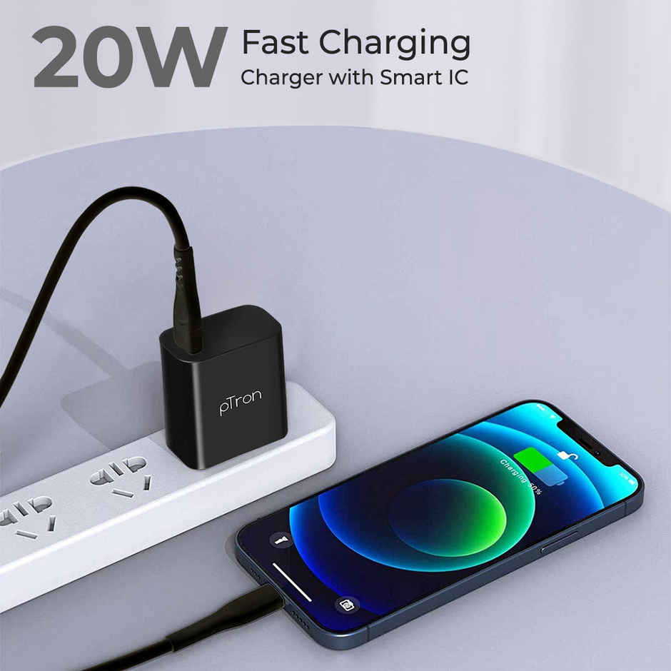 pTron Volta FC12 20W QC3.0 Compatible Smart USB Charger for All Android & iOS Devices - Black
