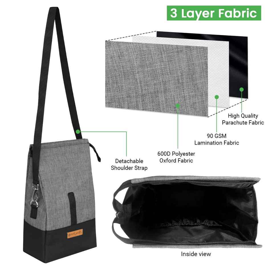 PrettyKrafts Lunch Bags Reusable Lunch Bag with Hook and Loop Closure Grey and Black