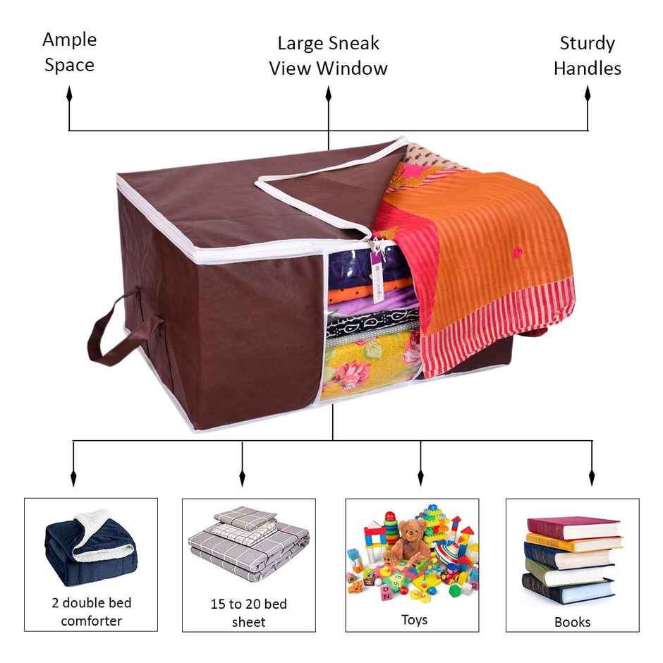 Prettykrafts Underbed Storage Bag | Storage Organizer | Blanket Cover | Set of 3 pcs - Brown