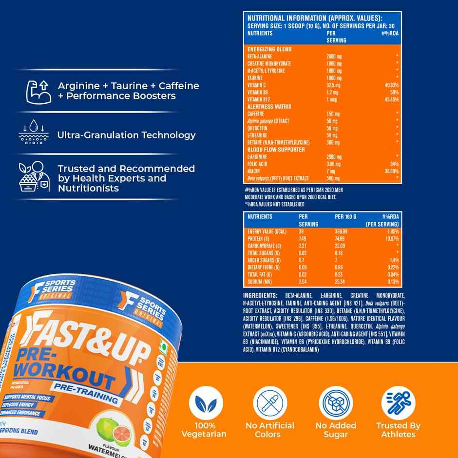 Fast&Up Pre-Workout Advanced 200 mg Caffeine, Arginine, Taurine, Watermelon Flavour, 30 servings