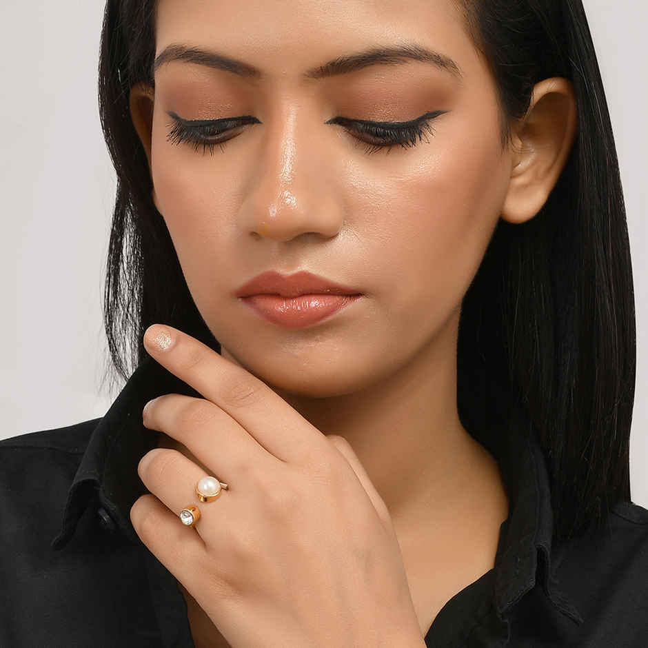 Voylla Mother's Day Open Half Pearl Cz Studded Ring