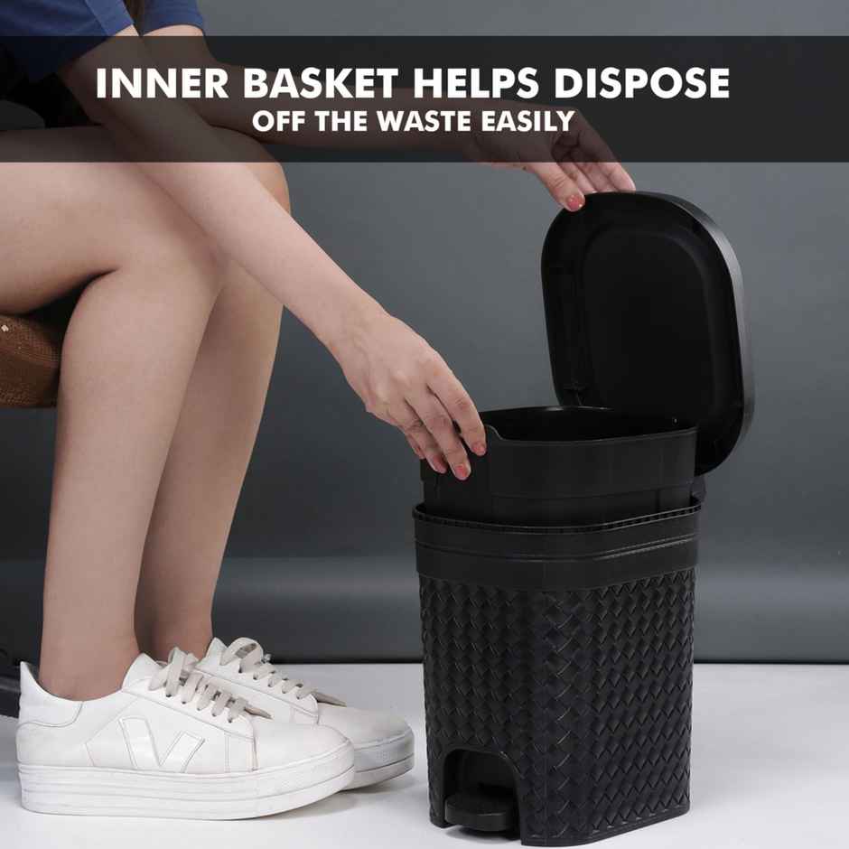 Kolorr Stitch 7 Liters Plastic Pedal Medium Dustbin With Lid And Inner Bucket,Kitchen,Office -Black