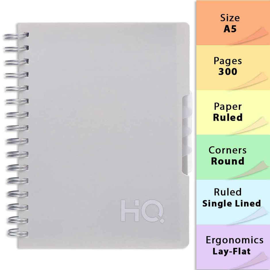 Navneet HQ | Five Subject Book White Wiro Bound Single Line A5 Size (21 x 14.8 cm, 300 Pages)