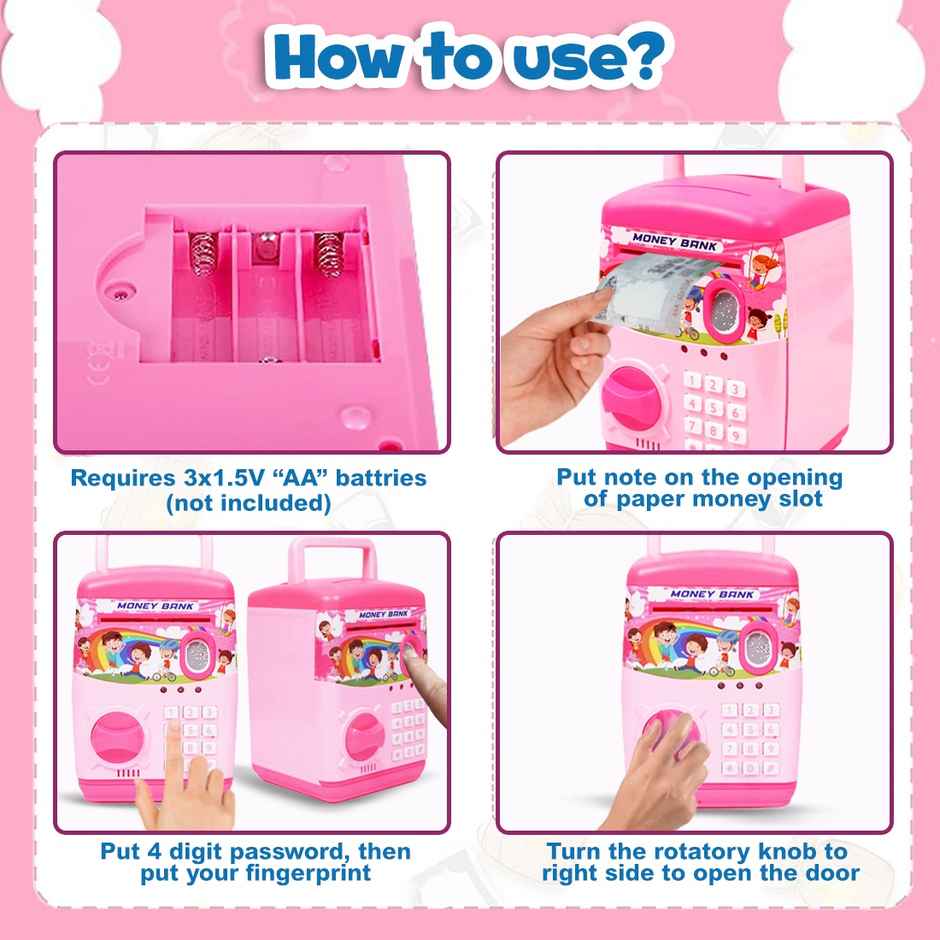 Wembley Finger Print Sensor ATM Piggy Bank for Kids Girl Boys Gullak for Money Bank - Pink