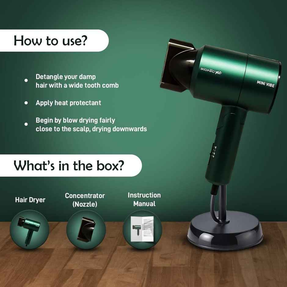 Ikonic Mini Vibe Hair Dryer 1200W, 2 Speed Setting Cool Shot Overheat Protection, Emerald