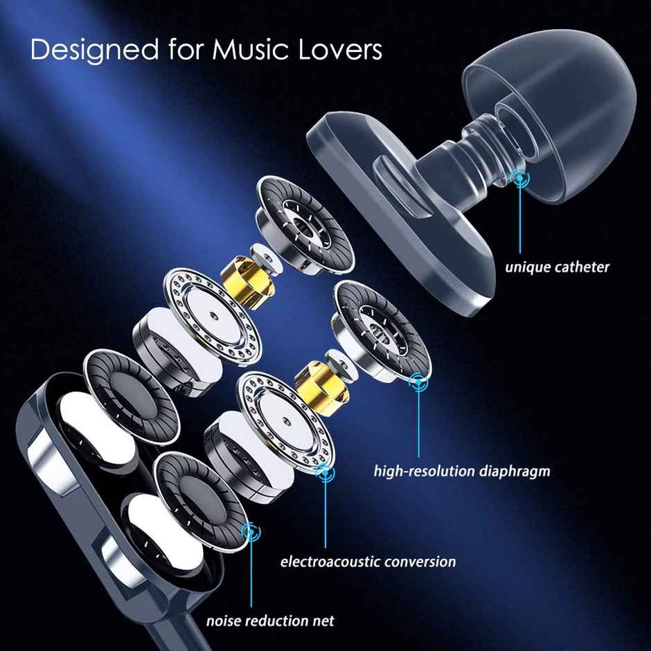 pTron Boom Ultima 4D Dual Driver, in Ear Gaming Wired Headphones with in-Line Mic, 3.5mm Audio Jack, Volume Control & Passive Noise Cancelling Boom 3 Earphones - Dark Blue