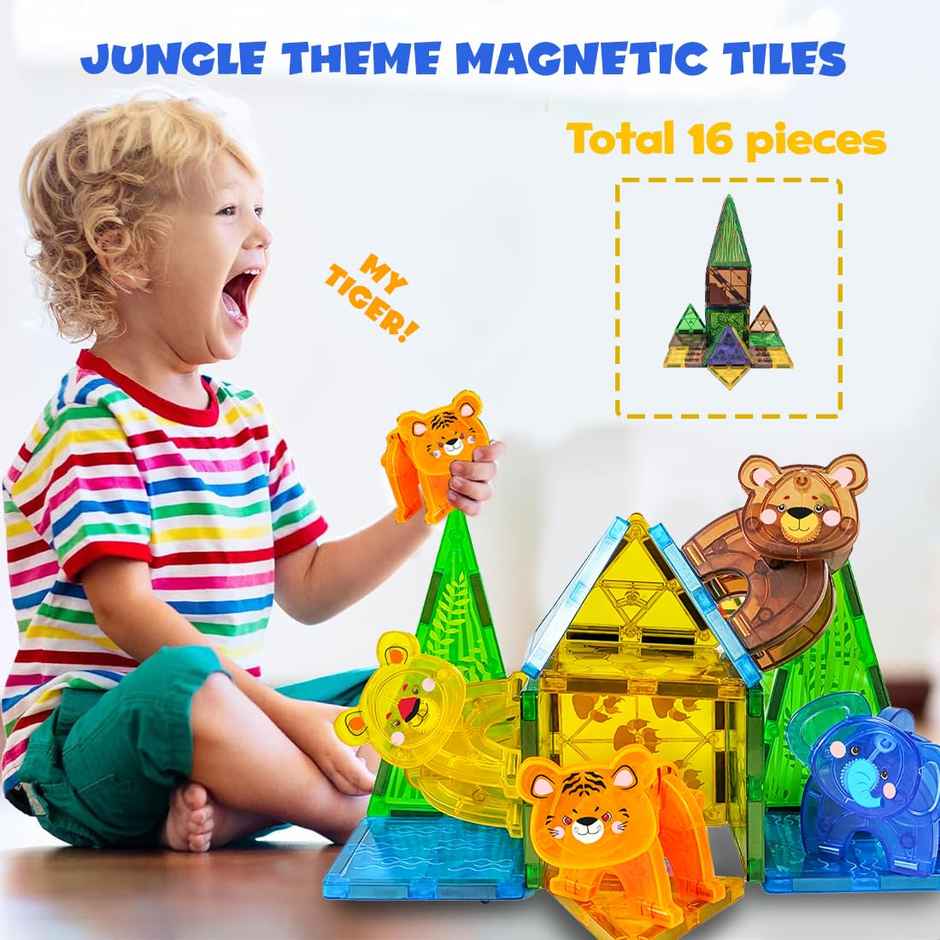 Wembley Magnetic Building Tiles Jungle Safari Construction Set For Kids-16 Pcs